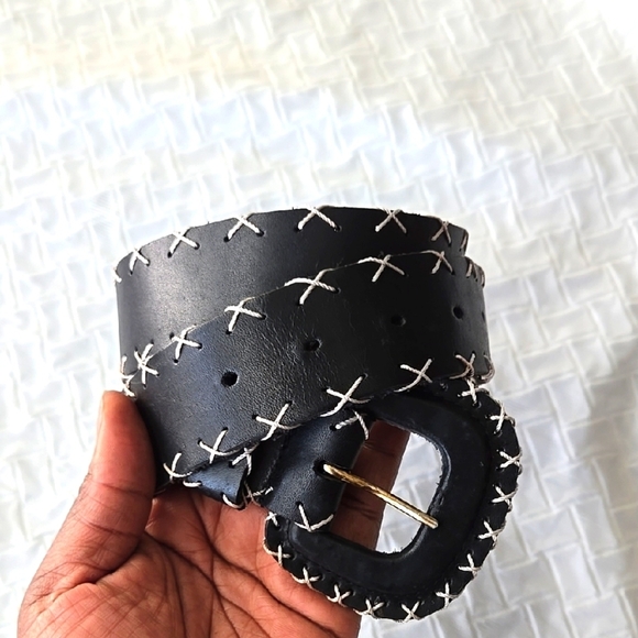 Express Black Genuine Leather Belt with Off White Cross Stitching Size M - Picture 2 of 7